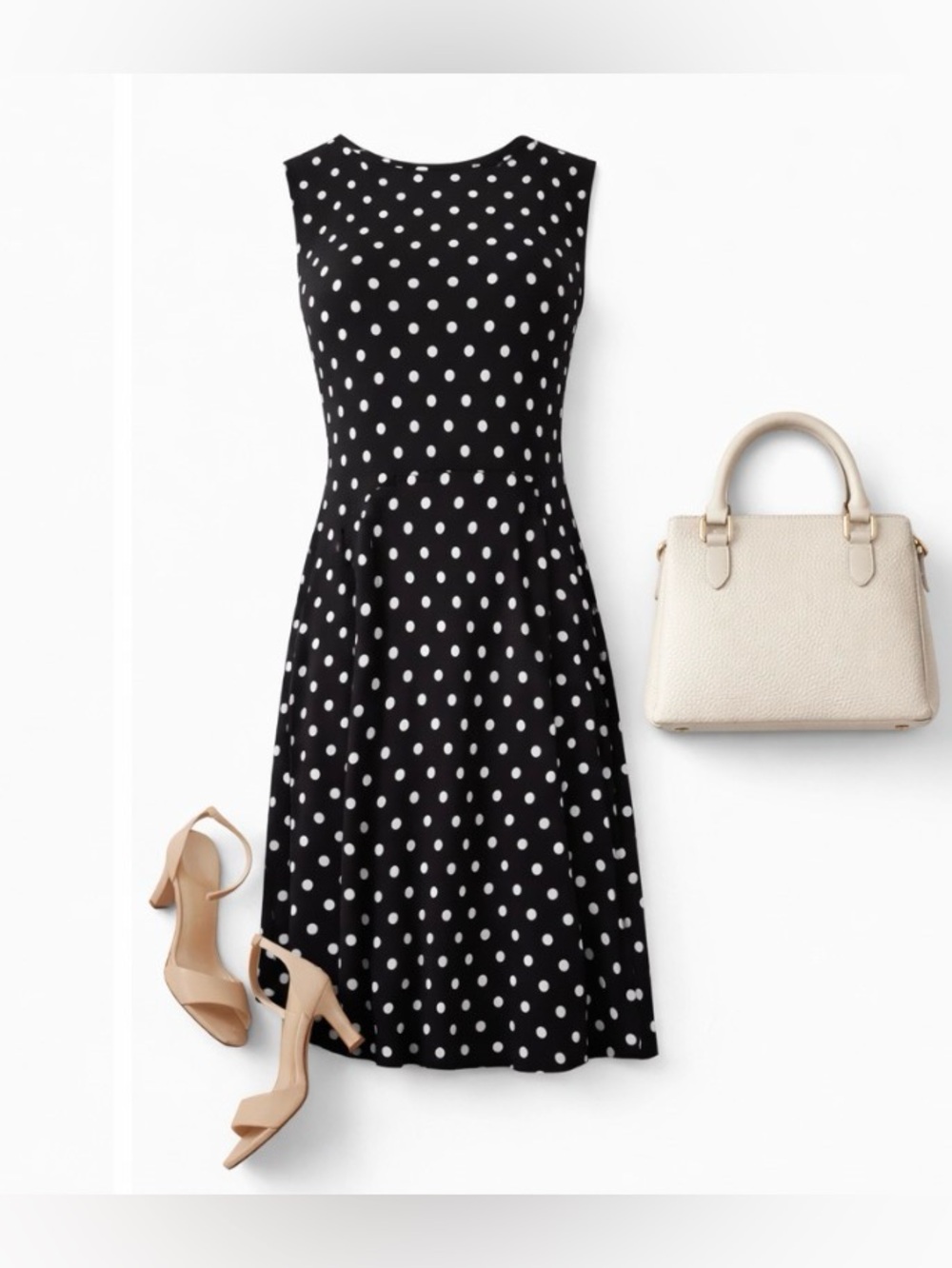 [Survival] Black White Polka Dot Fit & Flare Dress Size L Sleeveless Classic